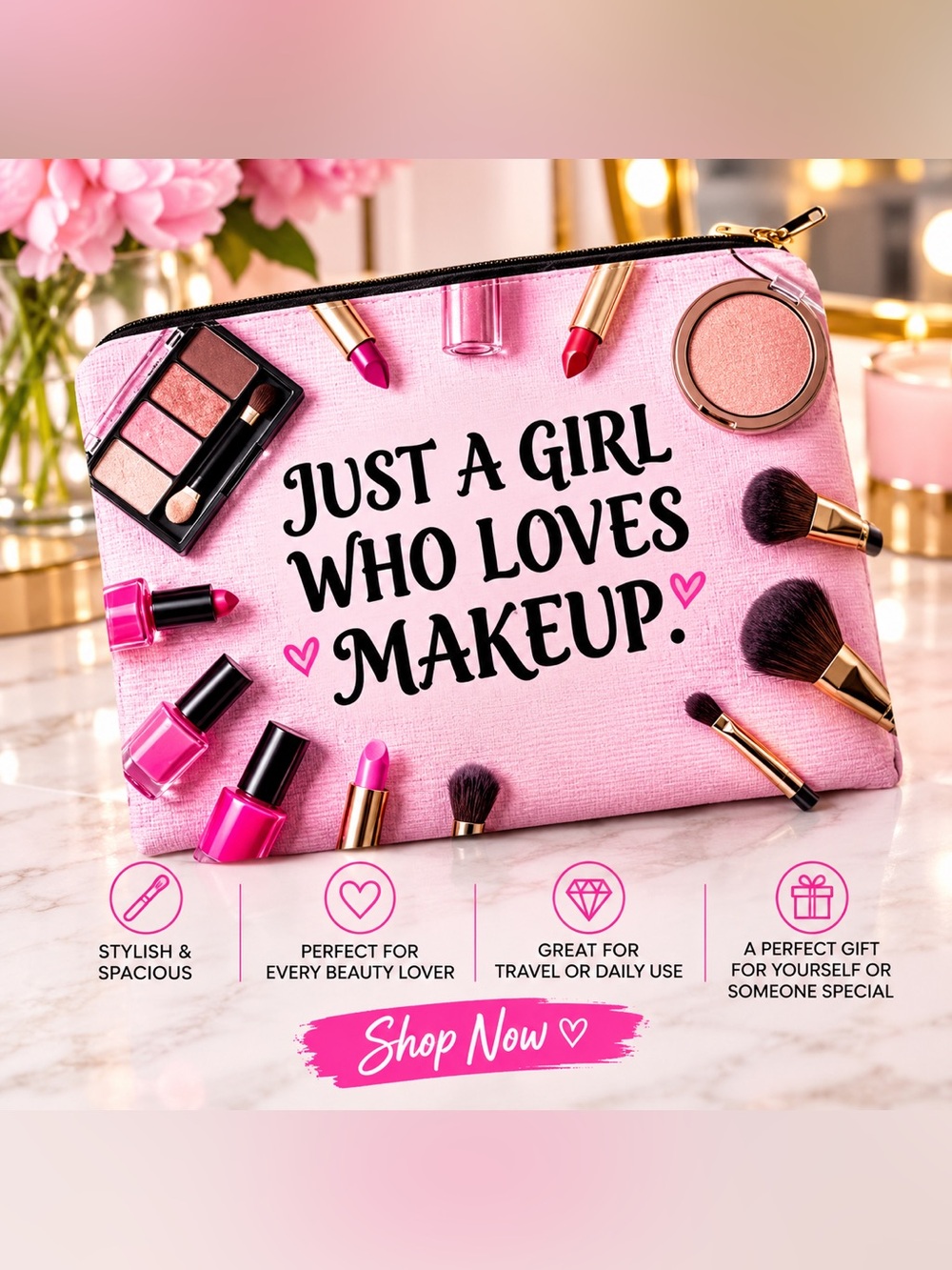Pink Makeup Bag – Just a Girl Who Loves Makeup Cosmetic Pouch